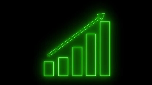 Neon upward bar chart with five bars and diagonal arrow on black background animation