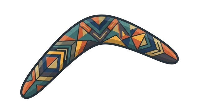 Colorful boomerang with geometric tribal patterns flying in air. Handcrafted Aboriginal-inspired sports equipment for outdoor recreation and cultur...