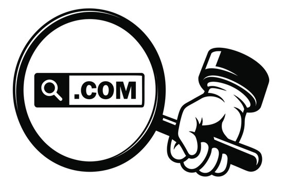 Cartoon illustration of hand holding magnifying glass depicting domain search with dot com address bar for web and internet design
