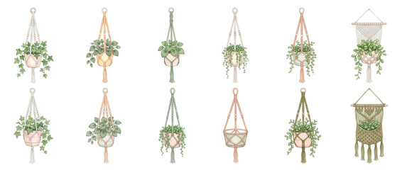 Fototapeta premium Macrame plant hanger set illustration featuring hanging indoor houseplants in woven cotton rope pots isolated on black background for boho home decor and indoor garden design vector clipart collection