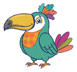 Obraz premium Cartoon illustration of a colorful toucan depicting a cheerful tropical bird character for children and nature design