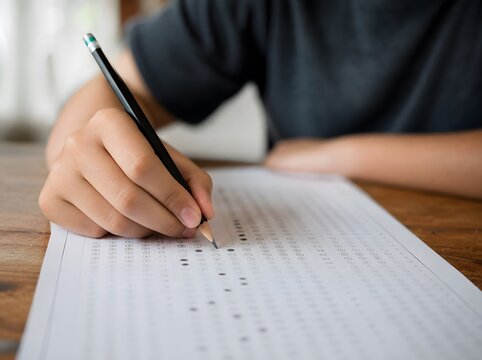 Student filling in bubbles on a multiple choice test paper