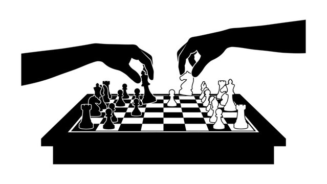 Strategic Duel: Silhouetted hands move chess pieces on a checkered board, representing a cerebral battle of wits and strategy, a classic game of minds.