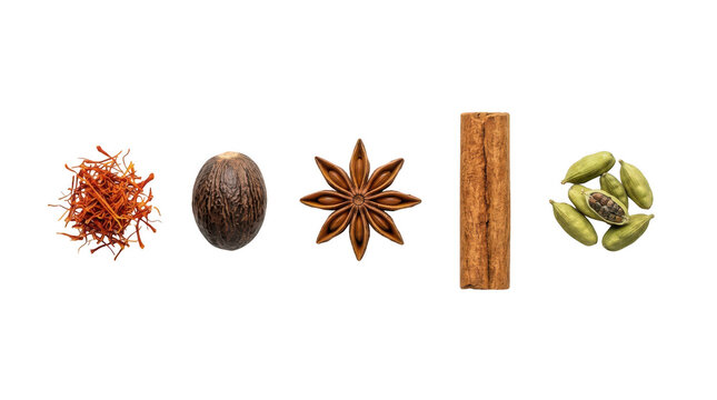 Assortment of aromatic cooking spices including saffron nutmeg star anise cinnamon and green cardamom pods