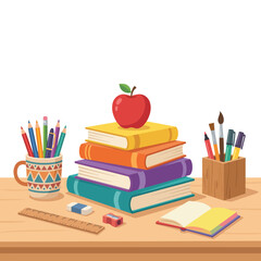 Fototapeta premium A vibrant composition of stacked books with art supplies, illustrating the world of education, creativity, learning, and the joy of artistic expression at a study desk.