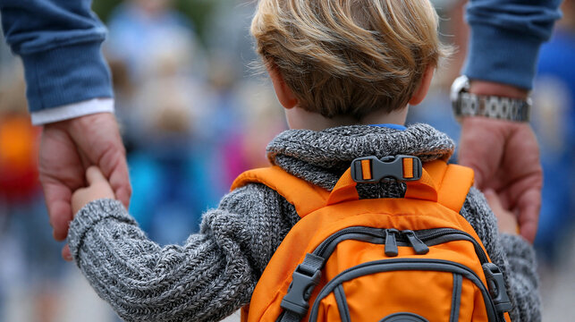 Junge mit orangem Rucksack h&auml;lt Hand des Erwachsenen im Freien