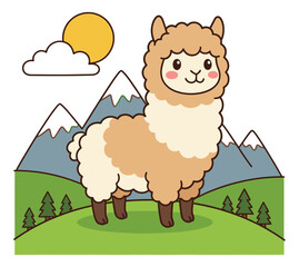 Fototapeta premium Cartoon illustration of a cute alpaca depicting a fluffy animal standing in a mountain meadow for children and nature design