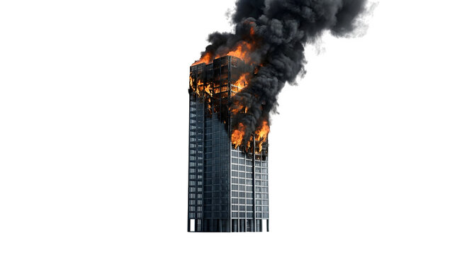 Skyscraper Fire Emergency Scene with Smoke and Flames. Urban Disaster and Building Collapse Illustration