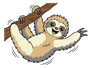 Fototapeta premium Cartoon illustration of a happy sloth depicting a smiling character hanging from a tree branch for children and wildlife design