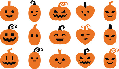 Fototapeta premium A collection of fifteen hand drawn pumpkins with various funny and spooky facial expressions isolated on a plain white background set
