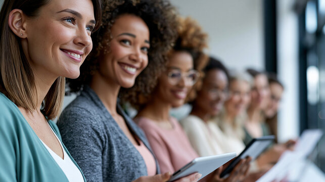 L&auml;chelnde Gesch&auml;ftsfrauen stehen in Reihe und blicken zur Kamera hin