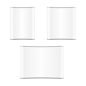 Blank white curved trade show display stand. Realistic mock-up set. Tradeshow banner for promotional graphics isolated. Easy editable vector mockup. Exhibition backdrop wall. Template for design