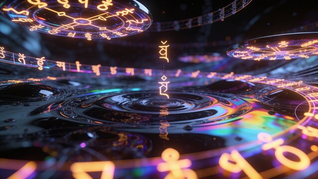 Abstract futuristic background with glowing neon alien text and extraterrestrial runes on liquid surface
