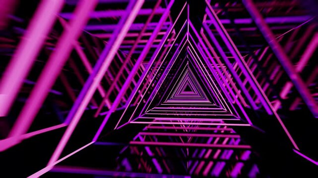 A futuristic tunnel of glowing neon purple triangles recedes into an infinite digital void.