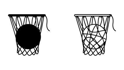 Basketball Net Icon: A simple graphic illustration depicting two basketball nets, one with a solid black circle representing a ball and the other with a line-drawn basketball. © Jahid