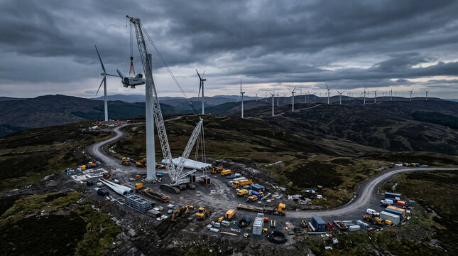 Aerial view of a wind farm construction site on a mountain ridge, featuring a massive crawler crane installing a turbine component under a cloudy sky.