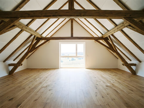 Empty Attic Room with Exposed Wooden Beams and Hardwood Floor | Renovated Loft Interior Design | Countryside Window View | Rustic Modern Loft Space