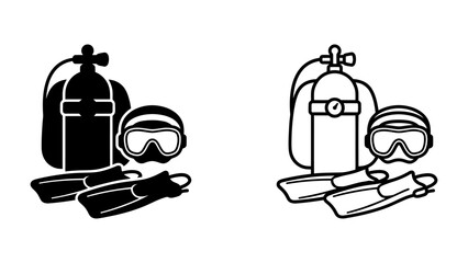 Scuba Gear Icon: A clean and modern graphic illustration featuring essential scuba diving equipment, including a compressed air tank, mask, and fins. © Raima