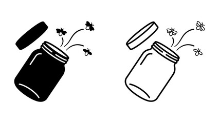 Fireflies in a Jar: Two distinct depictions, one a solid silhouette and the other an outline, show fireflies escaping from open jars, symbolizing freedom and the magic of nature. © Saifa