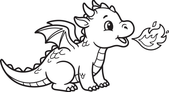Cartoon dragon illustration with fire breath black and white line art