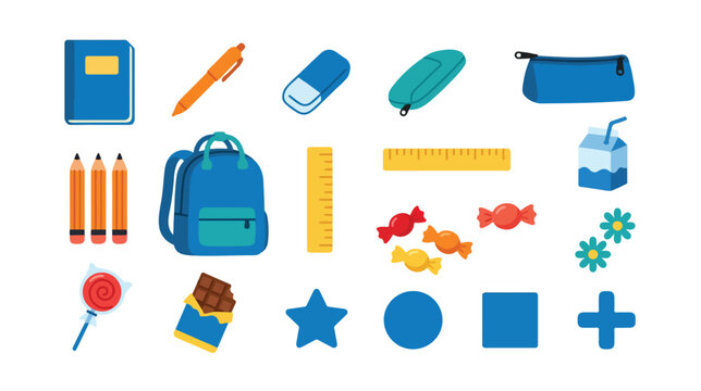 Vibrant blue and orange school supplies vector set, featuring a backpack, pencils, ruler, and stationery items. Playful educational tools and sweet treats for back-to-school designs.