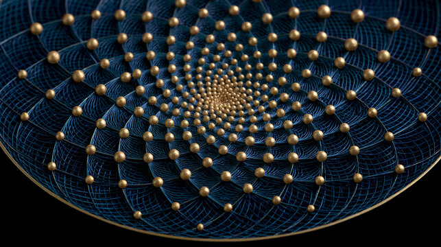 Goldene Perlenspirale formt hypnotisches Fibonacci-Muster auf blauem Grund
Keywords: 