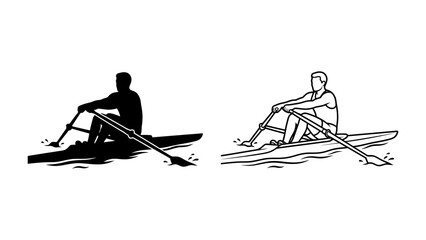 Rowing Silhouette and Line Art: Two distinct depictions of a solo rower in a scull, one a solid black silhouette and the other a clean line art illustration. © Raima