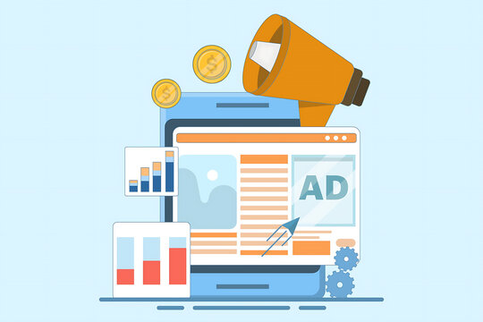 Digital Advertising Campaign Concept with Mobile Marketing, Online Ads, Analytics Dashboard and Megaphone Vector Illustration