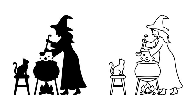 Halloween Witch and Cat Cooking Potion: A witch in a pointed hat stirs a bubbling cauldron over a fire, with a black cat sitting on a stool nearby.