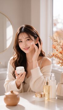 秋色の明るい室内で保湿クリームを使い艶肌をケアする若いアジア人女性