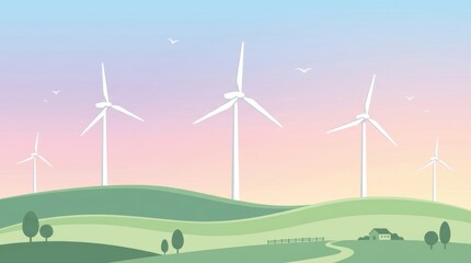 Obraz premium Tranquil Landscape with Wind Turbines and Rolling Green Hills