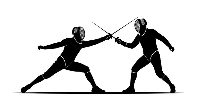 Fencing Duel: Two silhouetted fencers engage in a dynamic duel, their foils clashing in a test of skill, agility, and precision.