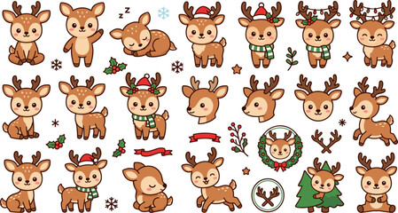 Obraz premium Large Vector Collection of Cute Christmas Reindeer Mascot Characters Comparing Festive Holiday Poses Santa Hats and Winter Garland Doodles for Kids App Stickers
