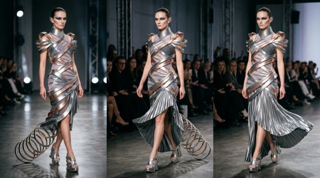 Fashion Model on Runway Showcasing Elegant Metallic Dress Design