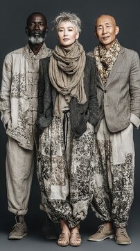 Stylish Mature Trio in Avant-Garde Layered Neutral Fashion