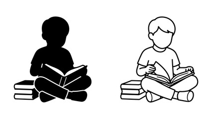 Boy Reading Books Silhouette and Outline