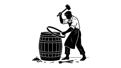 Cooper at Work: A silhouette of a cooper hammering a metal hoop onto a wooden barrel, showcasing traditional craftsmanship and dedication to a skilled trade. © Raima