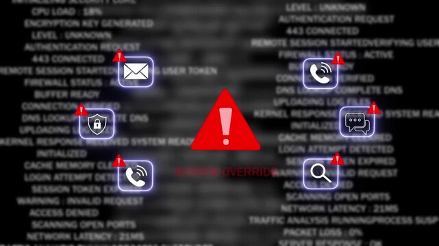 Cybersecurity system override warning with red alert and digital data breach interface featuring glowing network security and scrolling server code for advanced technology and hacking concepts