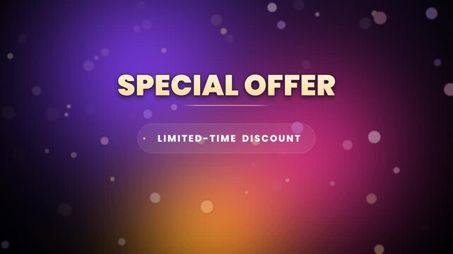 Animated special offer graphic displays a fifty percent discount against a vibrant purple and orange background with floating bokeh particles.