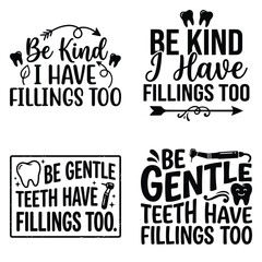Fototapeta premium Set of four dental quote designs with teeth and tooth tool illustrations for dentist office decor