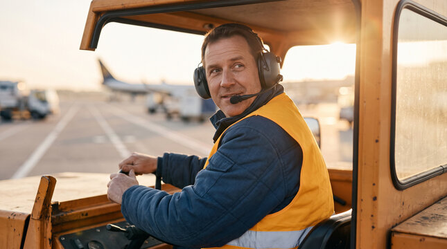 Airport tug driver looking over shoulder