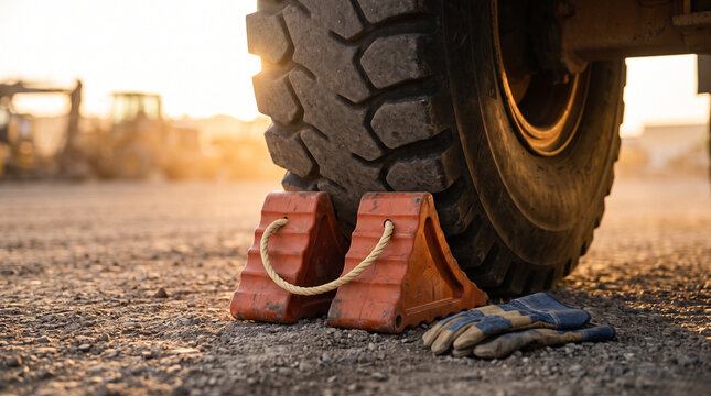 Wheel chocks blocking construction vehicle tire