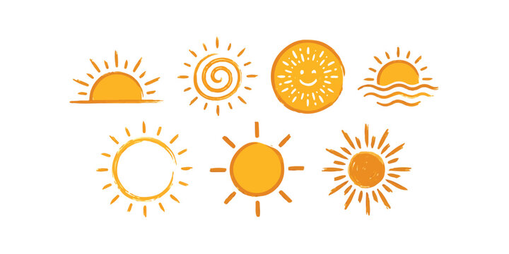 Set of hand drawn sun icons and sunshine doodles in yellow and orange colors