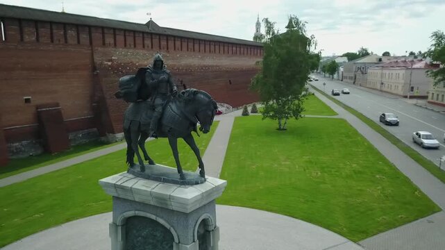 Dynamic drone flight circling the Dmitry Donskoy statue