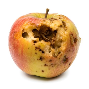 A red and yellow apple shows clear signs of damage with a large hole eating into the fruit. Small worms are visible inside, indicating infestation. This scene captures the state of decay