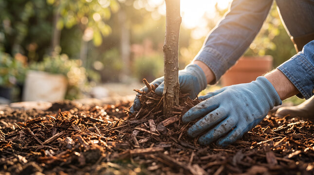 Hands spreading mulch around young tree