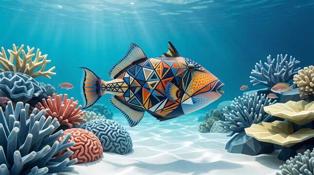 Ornate Triggerfish Swims Through Vibrant Coral Reef with Geometric Patterns