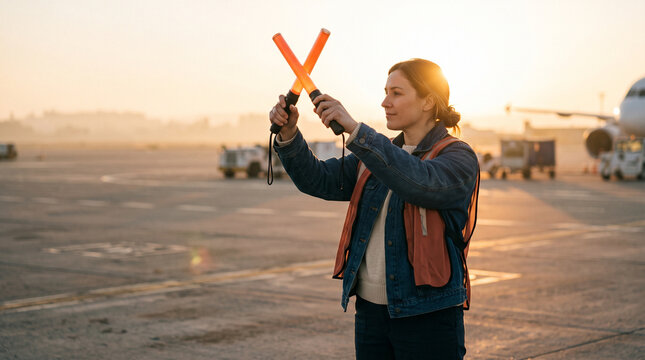 Airport marshaller guiding aircraft with illuminated batons