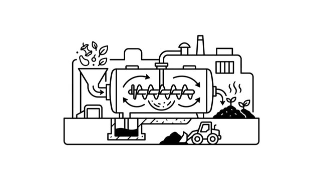 Modern Black and White Line Drawing of Waste to Energy Plant with Recycling and Composting Process