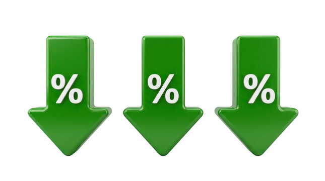 Three green 3d arrows pointing down with white percentage symbols isolated on transparent background
